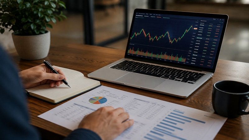 BetterThisWorld Stocks workspace showing stock market charts, financial reports, and investment research on a laptop.