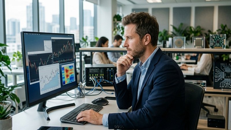 Man in a navy blazer studying stock charts and a heat map on a monitor in a modern office, a BetterThisTechs News BetterThisWorld tech trends scene