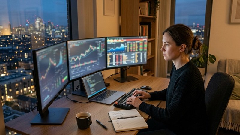 Market researcher analyzing stock charts on multiple monitors while preparing betterthistechs articles in a home office at dusk